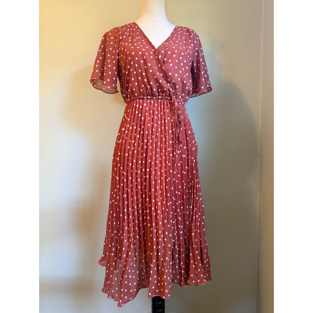 Indigo Rose Rust Polka Dot Pleated Midi Small preppy resort dainty retro boho